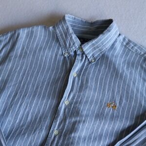 La Martina Bueno Aires Mens Linen Cotton Striped Button Down Shirt Blue Large